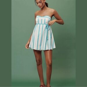 Maeve Babydoll Linen Blend Strapless Romper – Blue Cream Striped NWT Size 12